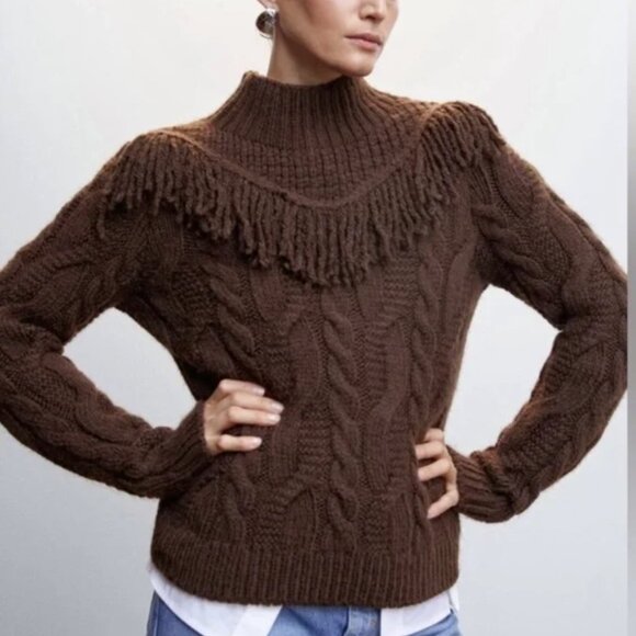 MNG Fringed Cable Knit Sweater – Brown – Size S - Picture 1 of 13